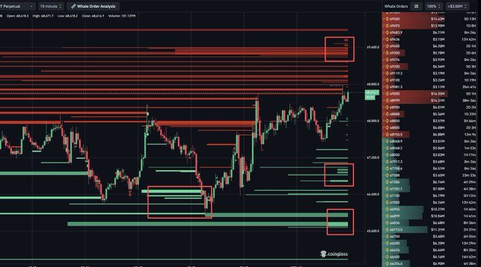 Bitcoin whale orderbook heatmap from CoinGlass showing heavy sell walls clustered between $68.8K–$69.6K (thickest near $69K) and bid support layers at $67.2K, $66.4K, and $65.8K

