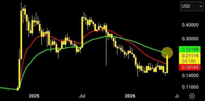 XLM weekly chart showing 50-week EMA test at $0.22