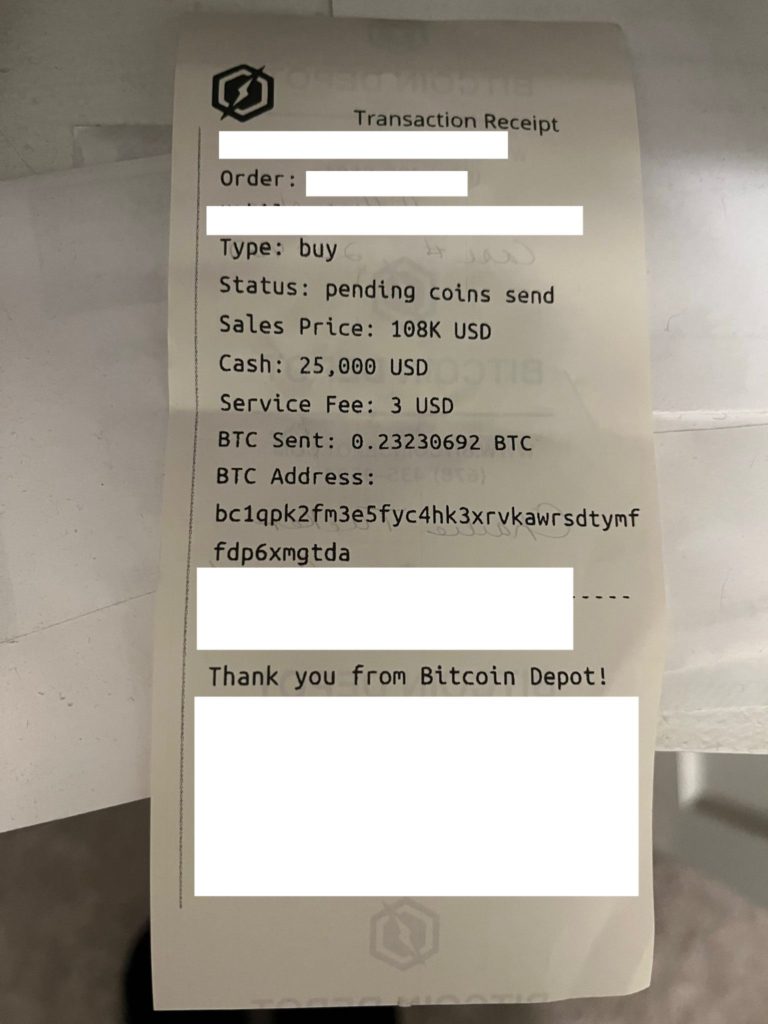 Bitcoin Depot ATM transaction receipt showing Sales Price: 108K USD, Cash: $25,000, BTC Sent: 0.23230692, BTC Address: bc1qpk2fm3e5fyc4hk3xrvkawrsdtymf_fdp6xmgtda — from ZachXBT's April 22 post